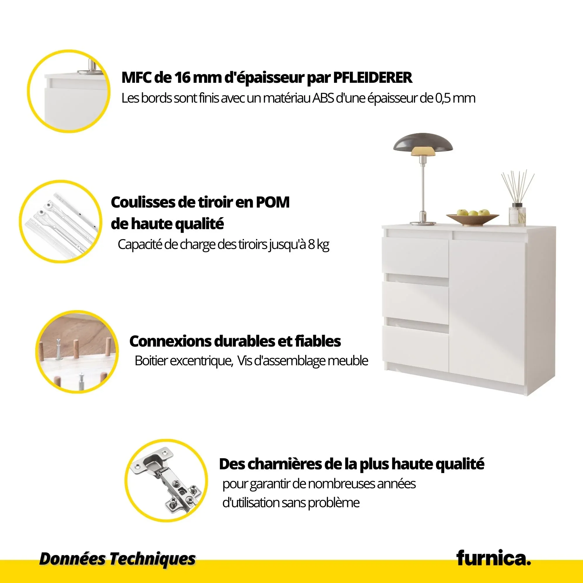 MIKEL - Commode 3 Tiroirs et 1 Porte - Armoire de Rangement pour Couloir / Chambre à Coucher - Buffet - H75cm L80cm P35cm (Chêne Wotan / Béton) – Image 6
