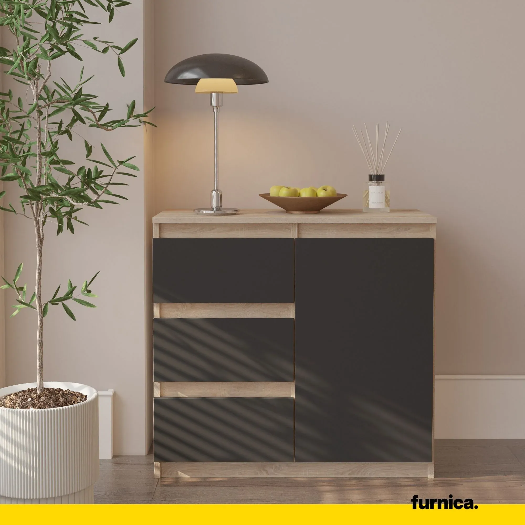 MIKEL - Commode 3 Tiroirs et 1 Porte - Armoire de Rangement pour Couloir/Chambre à Coucher - Buffet - H75cm L80cm P35cm (Chêne Sonoma/Anthracite) – Image 3