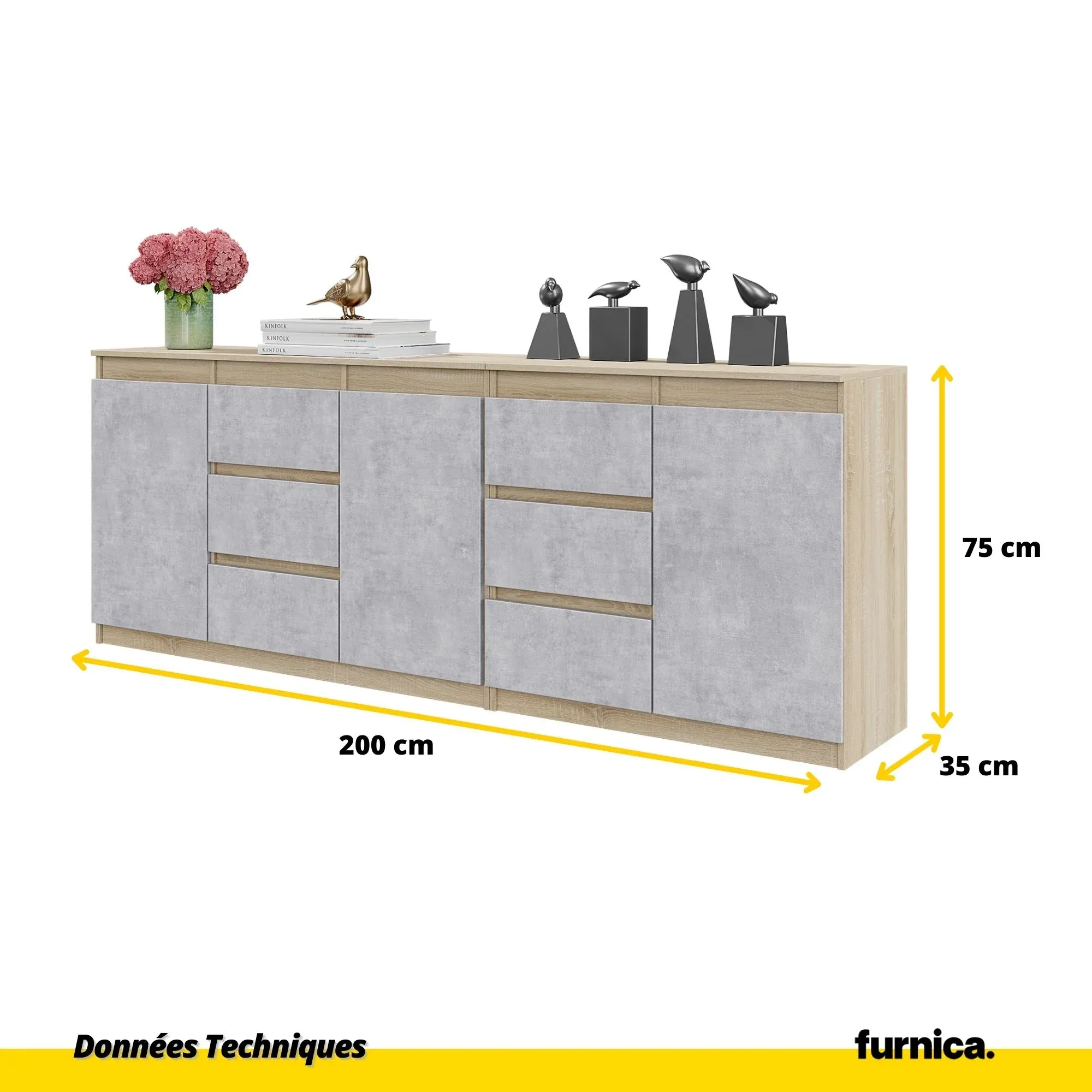 MIKEL - Commode 6 Tiroirs et 3 Portes - Armoire de Rangement pour Couloir / Chambre à Coucher - Buffet - Chêne Sonoma / Béton H75cm L200cm P35cm – Image 2
