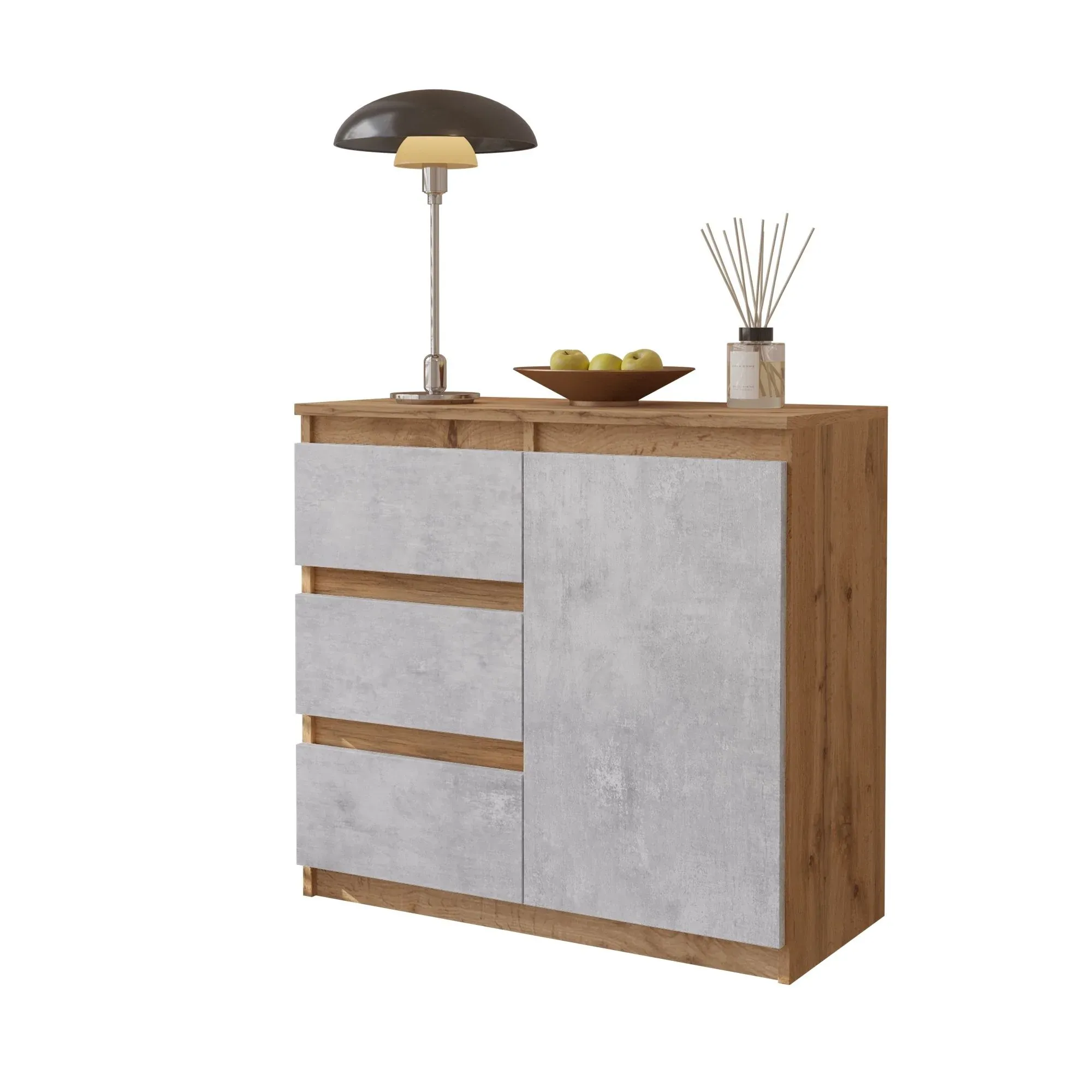 MIKEL - Commode 3 Tiroirs et 1 Porte - Armoire de Rangement pour Couloir / Chambre à Coucher - Buffet - H75cm L80cm P35cm (Chêne Wotan / Béton)
