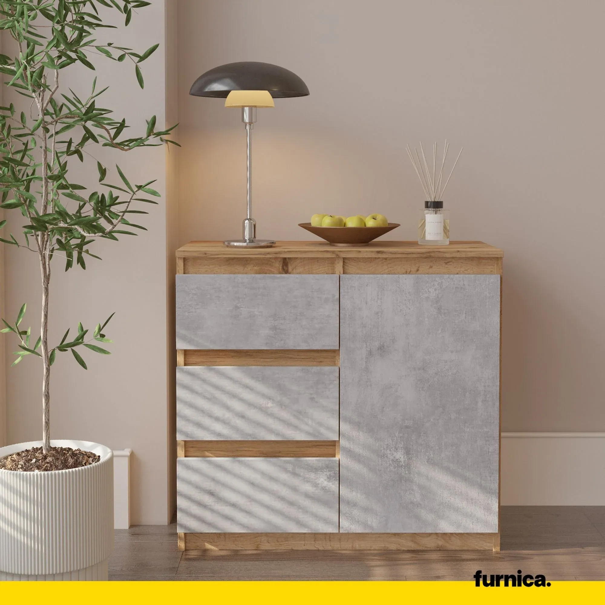 MIKEL - Commode 3 Tiroirs et 1 Porte - Armoire de Rangement pour Couloir / Chambre à Coucher - Buffet - H75cm L80cm P35cm (Chêne Wotan / Béton) – Image 3