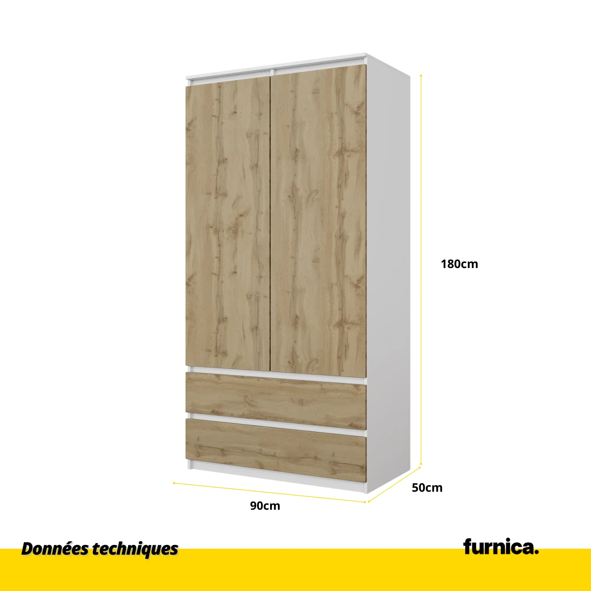 JOELLE - Armoire 2 Portes avec 2 Tiroirs - Blanc Matt / Chêne Wotan H180cm L90cm P50cm – Image 2