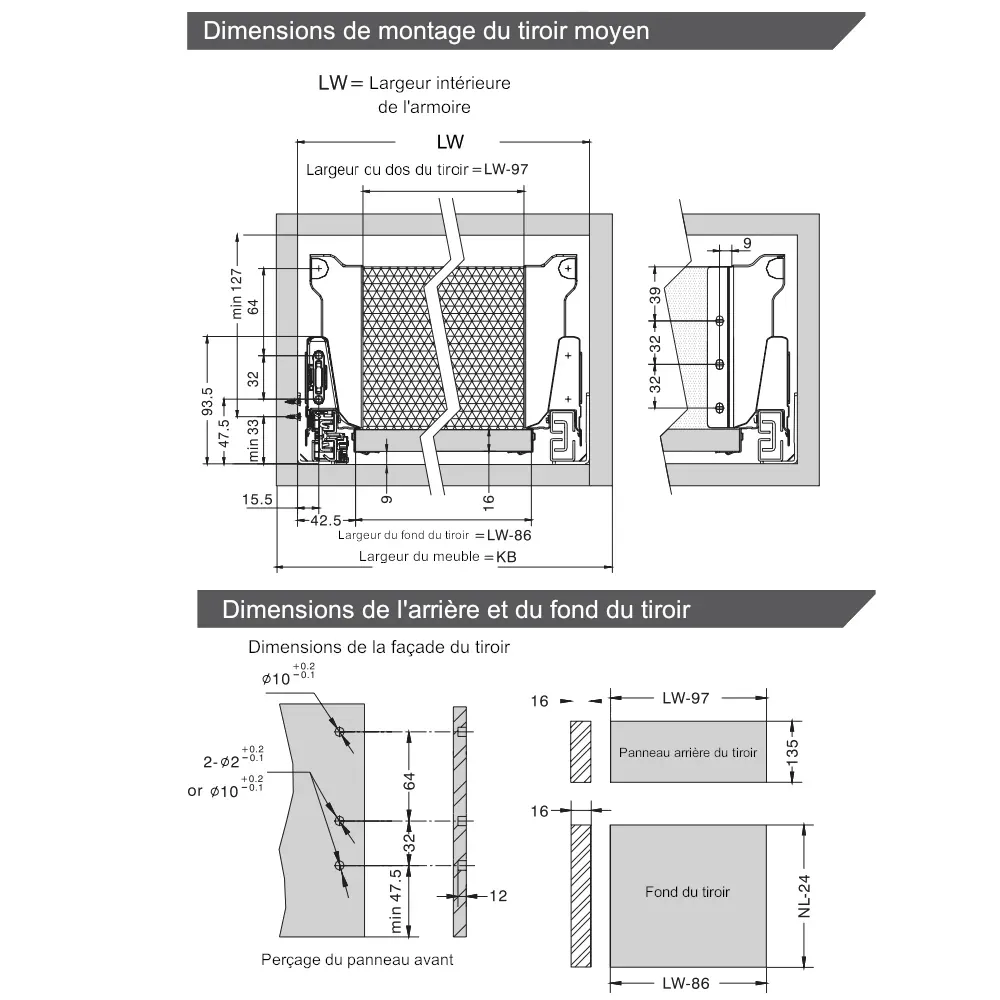 Système de tiroir à fermeture silencieuse, MOYEN, H: 142mm, Blanc 450mm – Image 2
